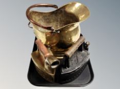 A 19th century brass coal receiver and two irons