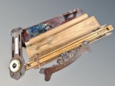 Two Scandinavian carved oak mangle boards, oak barometer,