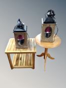 Two pine occasional tables and a pair of lantern lights