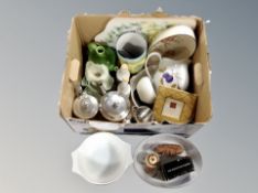 A box of stainless steel tea service, ceramics,