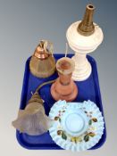 An opaque glass oil lamp base together with a pressed glass light shade, envelope dish,