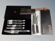 Two Hasaki stainless steel knife sets and a further German cleaver
