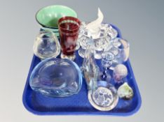A tray of 20th century Scandinavian glass ware, paperweights,