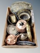 A quantity of kitchenalia including copper kettle, brass planters,