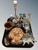 A cast metal five sconce table candelabrum together with a copper jelly mould,