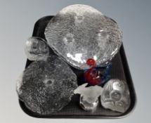 Three Swedish textured glass candle dishes and four various paperweights