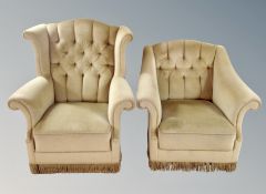 An early 20th century wing backed armchair in deep buttoned olive dralon and a matching lady's