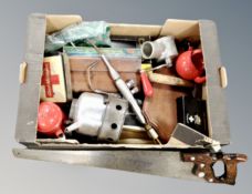 A box of Spong slicer, Disston hand saw,