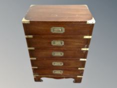 A mahogany and brass mounted campagin style low chest with brass drop handles,