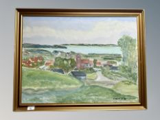 J Bach : town by an estuary, oil on canvas,