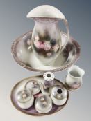 A Burleigh ware transfer printed wash jug and basin and seven further dressing table pieces