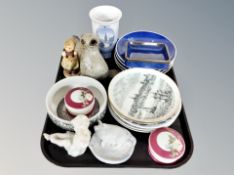 A tray of continental ceramics including Danish blue and white plates, shallow dish, vase,