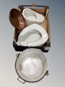 A box of aluminium jam pan, copper bowl,