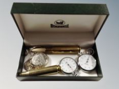 A contemporary full hunter pocket watch depicting a steam locomotive, two further stop watches,