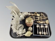 A pair of silver plated pheasant table ornaments, brass items, small copper caddy,