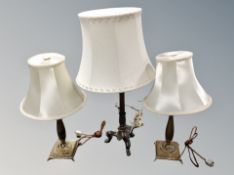 A pair of brass table lamps and a further example (continental wired)