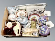 A box of ceramics and glass ware, Wade, pair of twin handled lustre vases, cutlery,