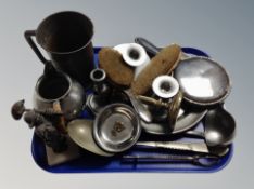 A group of antique and later pewter, pair of candlesticks, plate, tankard,