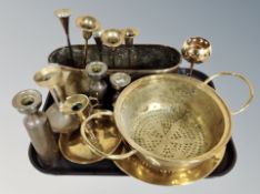 A collection of brass ware, fish kettle, candlesticks, chamber sticks,