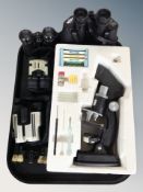 A Copitar microscope in box together with a pair of Bynolyt 7 x 50 binoculars and four further