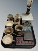 A 1970's Danish pottery lamp base and further items including vases, Owl money box, key rack,