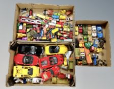 Three boxes of 20th century playworn die cast vehicles including Corgi, Matchbox Superkings,