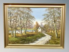 G Soyon : thatched cottage by a river, oil on canvas,