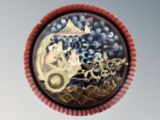 A Continental circular lacquered metal serving tray depicting Thai warriors in chariot,