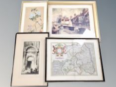 A Japanese watercolour on silk together with a late 17th/18th century hand coloured map of