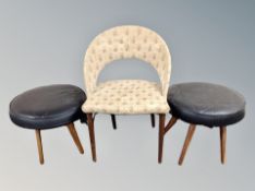 A Danish teak occasional chair and two black leather upholstered stools