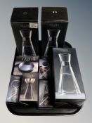 Three boxed Danish Grand Cru crystal carafes together with further a wine funnel, wine pourer,