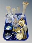 A group of crystal vases, gilt framed miniature landscape oil painting, glass paperweight,