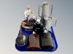 A tray containing brass horn, hip flasks, pewter twin handled vase,