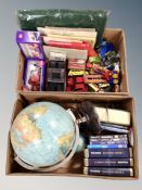 Two boxes of Danish globe, die cast vehicles, Lord of the Rings books (Danish translation),