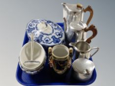 A Picquot four piece stainless steel tea service together with blue and white tureen,