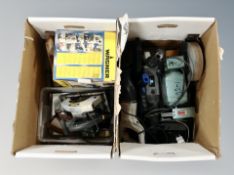 Two boxes of assorted power tools, circular saw, bench grinder,