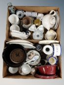 Three boxes of Delft blue and white pottery, Danish ceramic kitchen jars, figures,