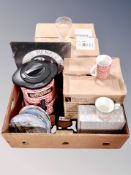 A box of Koppaberg dispenser, collector's plates, glasses,