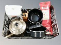 A box of knife block, kitchen pans,