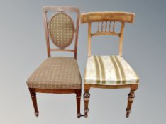 A 19th century figured walnut salon chair and a further inlaid oak chair