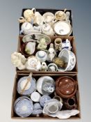 Three boxes of Danish ceramics, blue and white dinner china, figure of the Three Graces,