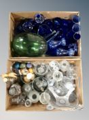 Two boxes of Danish glass ware, clear and blue glass, decanters,