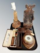 A tray of wooden table lamp base, barometer, wall shelf in the form of a throne armchair,