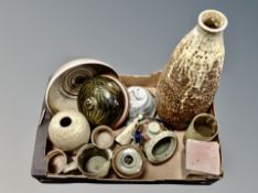 A box of 20th century studio pottery pieces, large textured vase, kitchen jars, bowls,