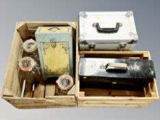 Two pine crates containing glass kitchen storage jars, wooden bottle carrier,