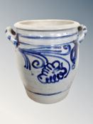 A Danish salt glazed blue and white twin handled pot,