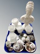 A tray of cabinet china including Royal Albert Old Country Roses, miniature mantel clock,