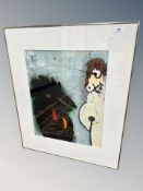 Danish School : Abstract bird with figure, mixed media,