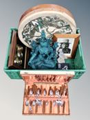 A box of bodran drum, cutlery canteen, framed picture, Eastern figure,