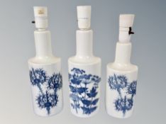 Three Royal Copenhagen blue and white porcelain lamp bases height 33 cm (continental plugs)